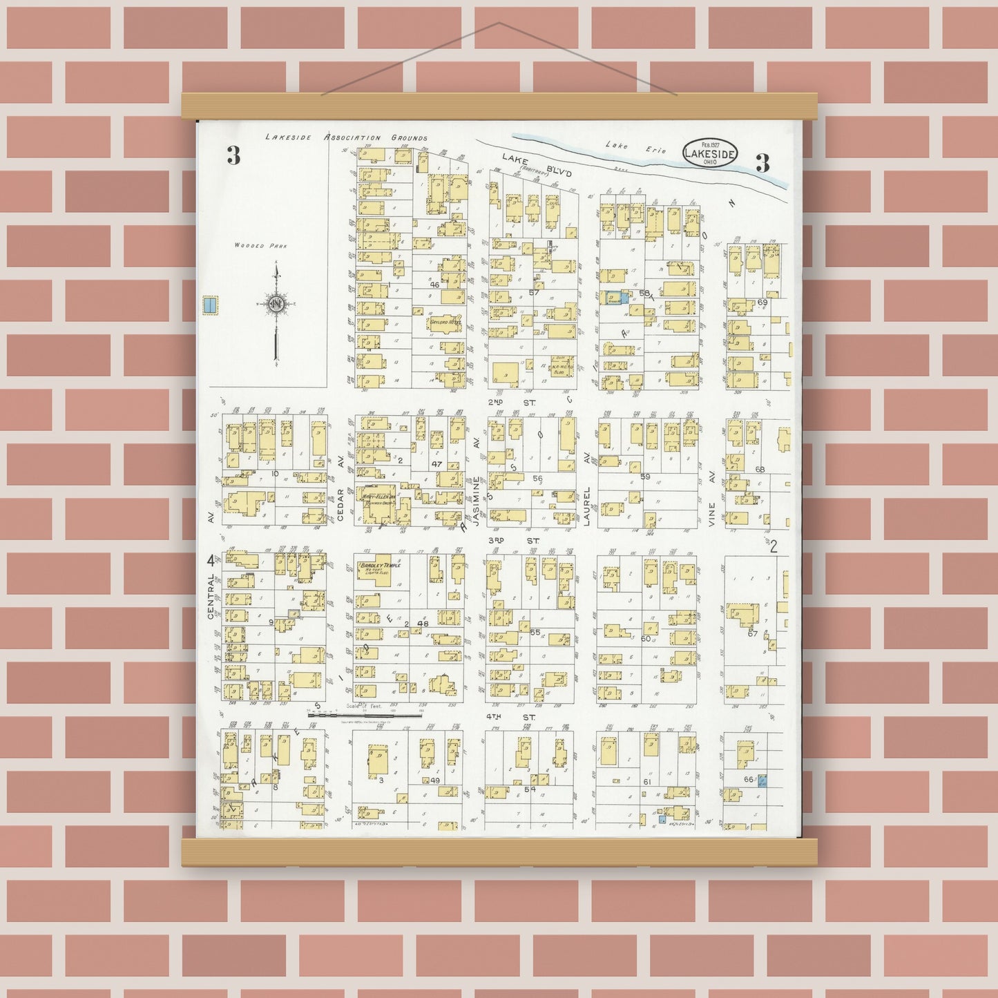 Old map wall art mockup — magnetic wood frame on brick wall — Sanborn Fire Insurance Map from Lakeside, Ottawa County, Ohio (1927), Sheet #0003