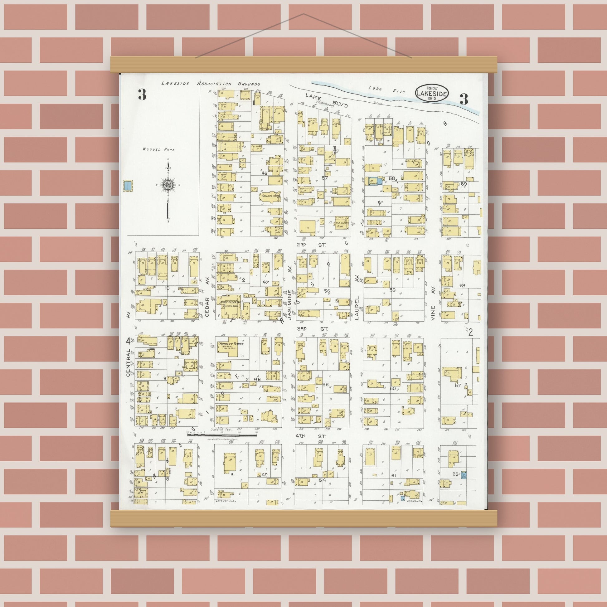 Old map wall art mockup — magnetic wood frame on brick wall — Sanborn Fire Insurance Map from Lakeside, Ottawa County, Ohio (1927), Sheet #0003