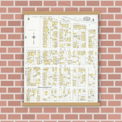 Old map wall art mockup — magnetic wood frame on brick wall — Sanborn Fire Insurance Map from Lakeside, Ottawa County, Ohio (1927), Sheet #0003