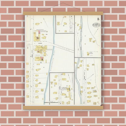 Old map wall art mockup — magnetic wood frame on brick wall — Sanborn Fire Insurance Map from Bainbridge, Chenango County, New York (1903), Sheet #0005