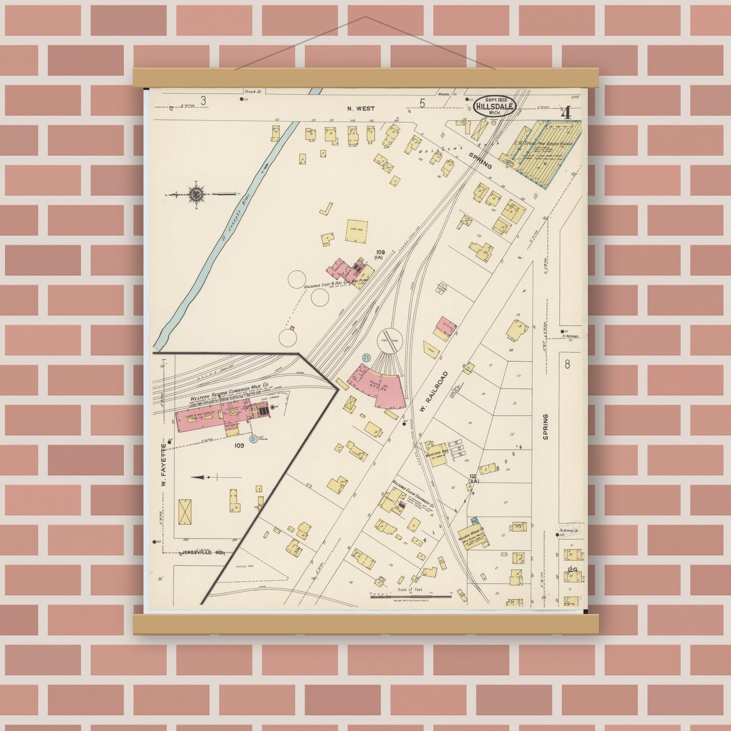 Old map wall art mockup — magnetic wood frame on brick wall — Sanborn Fire Insurance Map from Hillsdale, Hillsdale County, Michigan (1922), Sheet #0004