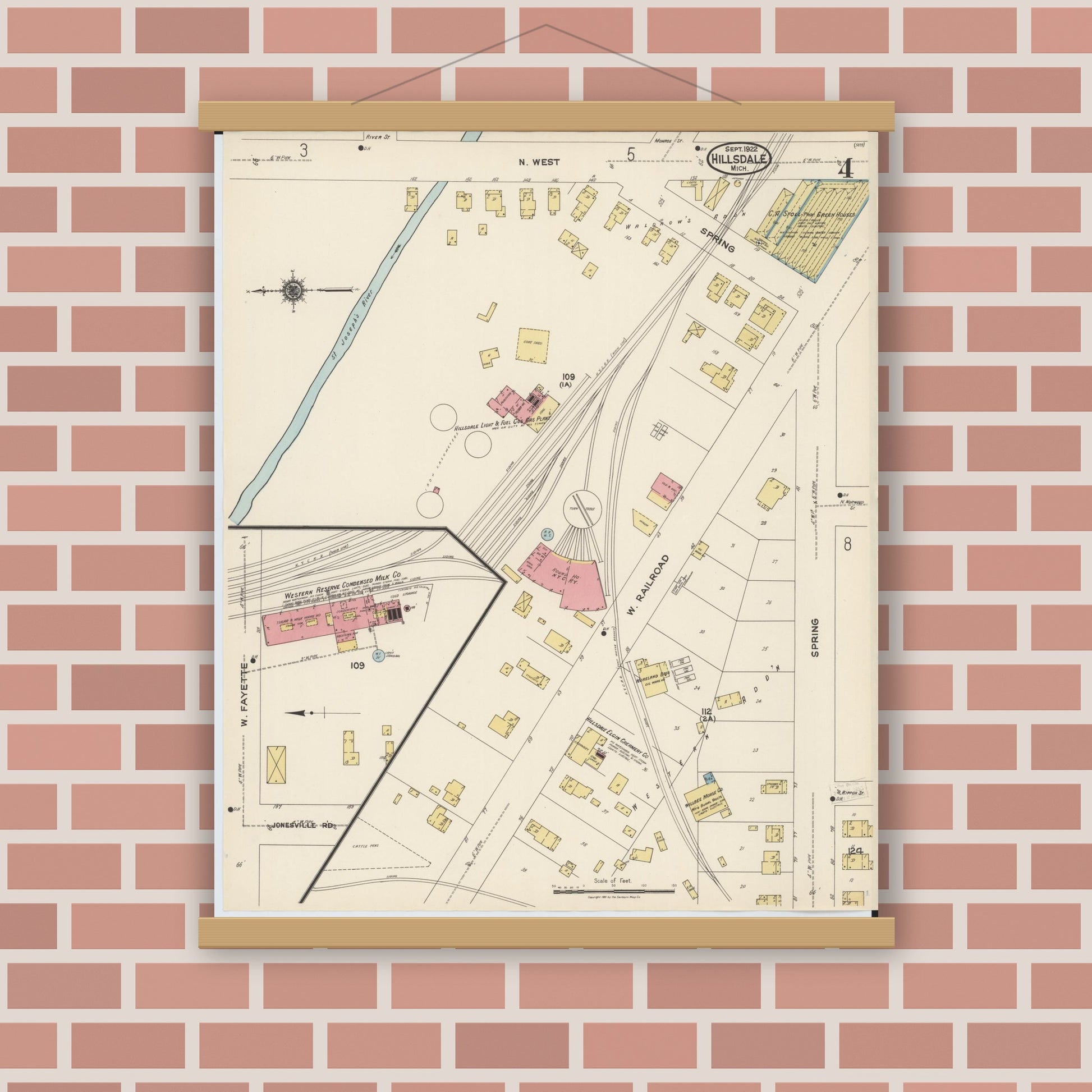 Old map wall art mockup — magnetic wood frame on brick wall — Sanborn Fire Insurance Map from Hillsdale, Hillsdale County, Michigan (1922), Sheet #0004