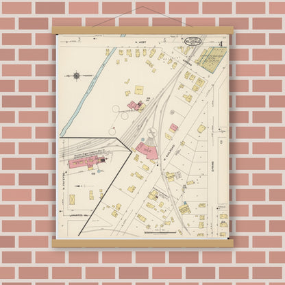 Old map wall art mockup — magnetic wood frame on brick wall — Sanborn Fire Insurance Map from Hillsdale, Hillsdale County, Michigan (1922), Sheet #0004