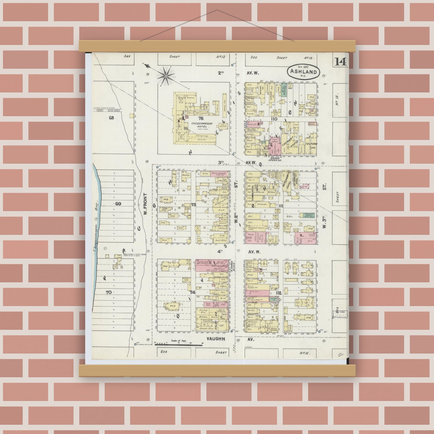 Old map wall art mockup — magnetic wood frame on brick wall — Sanborn Fire Insurance Map from Ashland, Ashland County, Wisconsin (1890), Sheet #0014