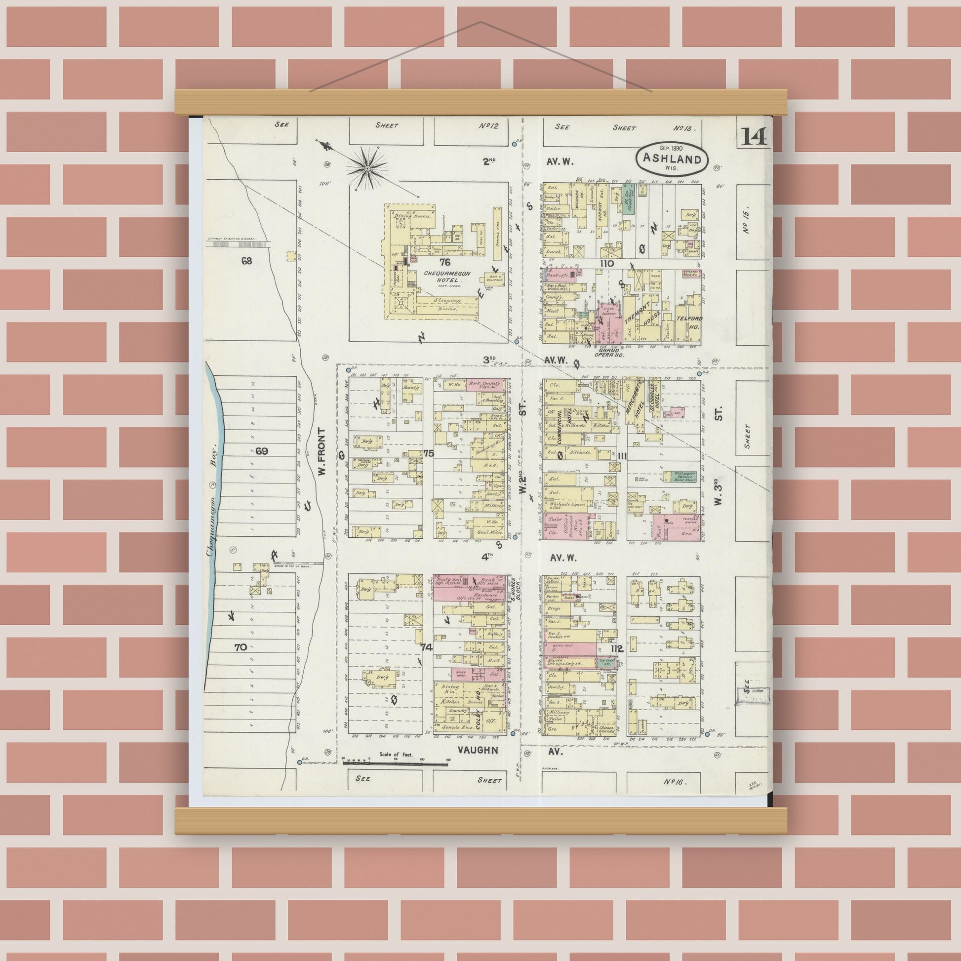 Old map wall art mockup — magnetic wood frame on brick wall — Sanborn Fire Insurance Map from Ashland, Ashland County, Wisconsin (1890), Sheet #0014