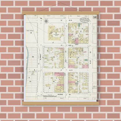 Old map wall art mockup — magnetic wood frame on brick wall — Sanborn Fire Insurance Map from Ashland, Ashland County, Wisconsin (1890), Sheet #0014