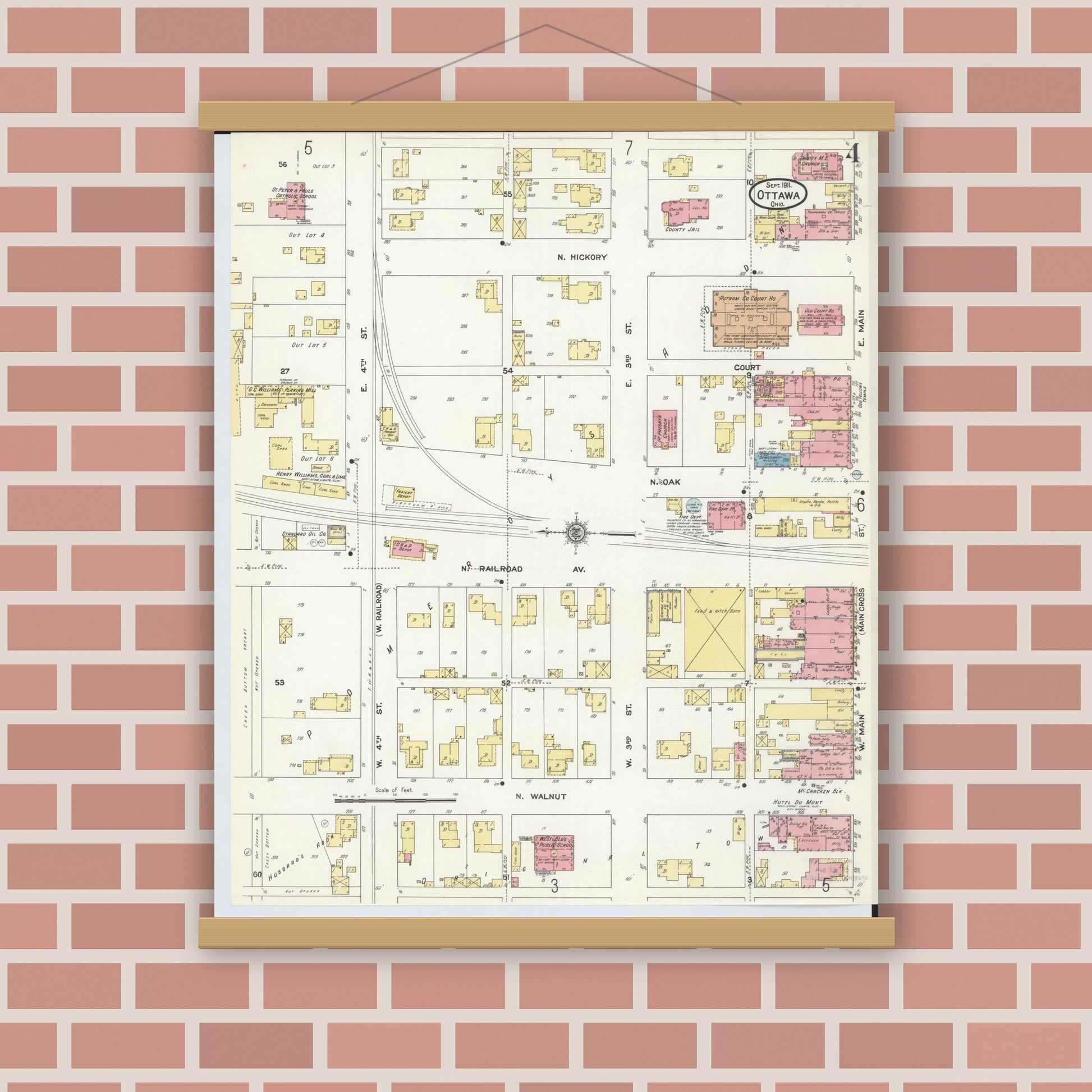 Old map wall art mockup — magnetic wood frame on brick wall — Sanborn Fire Insurance Map from Ottawa, Putnam County, Ohio (1911), Sheet #0004