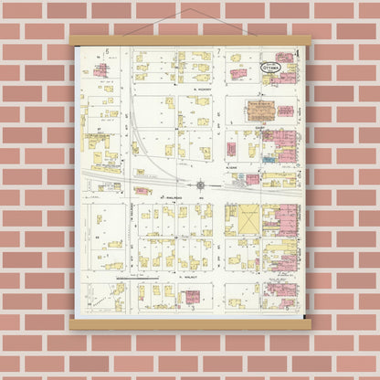 Old map wall art mockup — magnetic wood frame on brick wall — Sanborn Fire Insurance Map from Ottawa, Putnam County, Ohio (1911), Sheet #0004