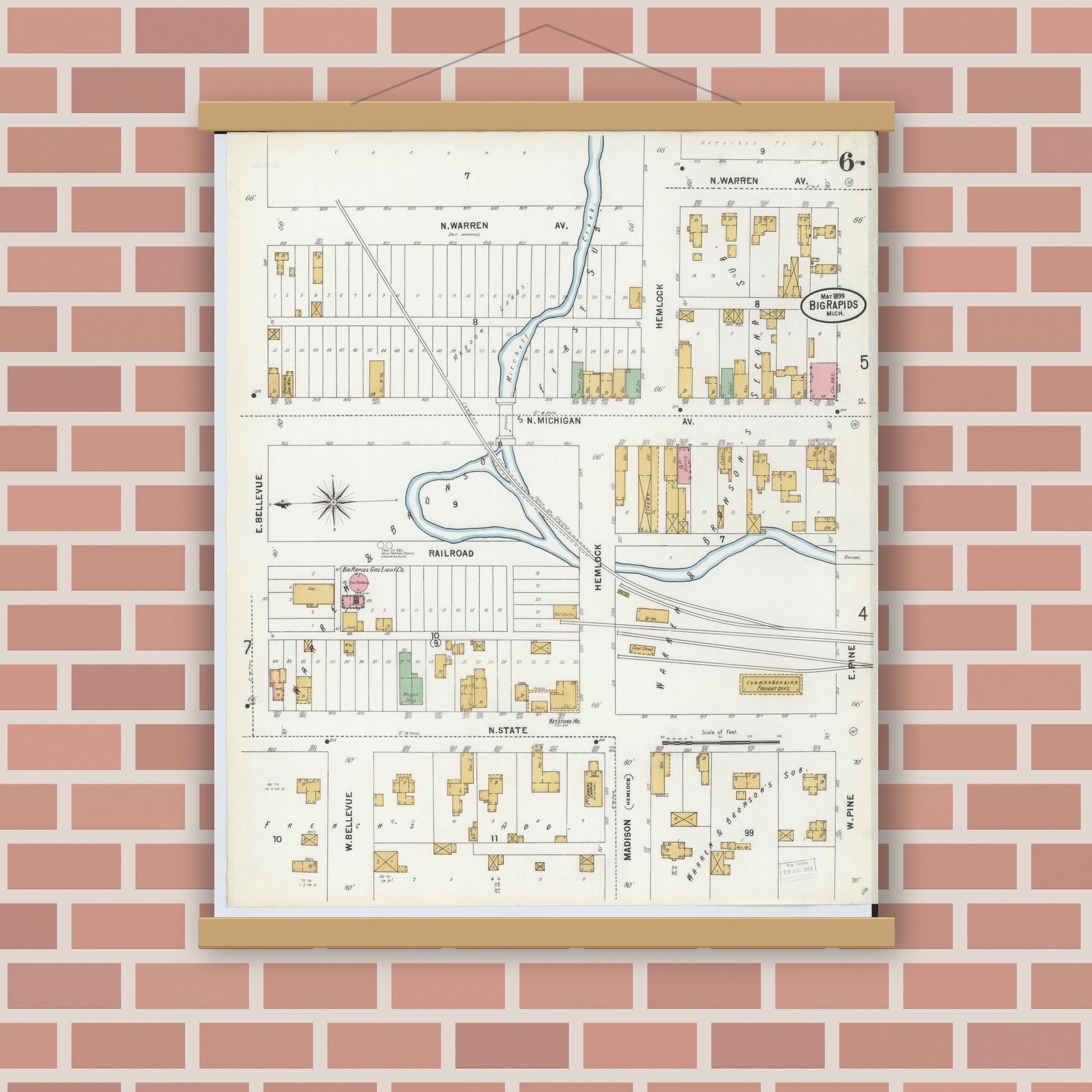 Old map wall art mockup — magnetic wood frame on brick wall — Sanborn Fire Insurance Map from Big Rapids, Mecosta County, Michigan (1899), Sheet #0006