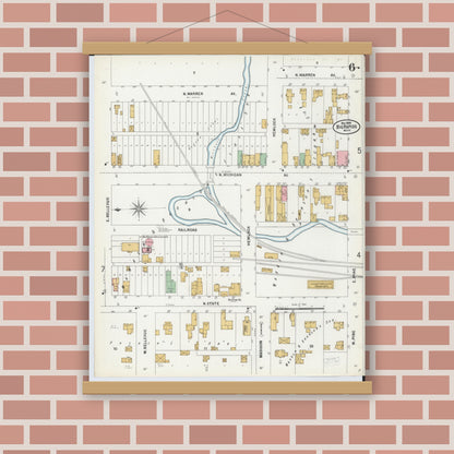 Old map wall art mockup — magnetic wood frame on brick wall — Sanborn Fire Insurance Map from Big Rapids, Mecosta County, Michigan (1899), Sheet #0006