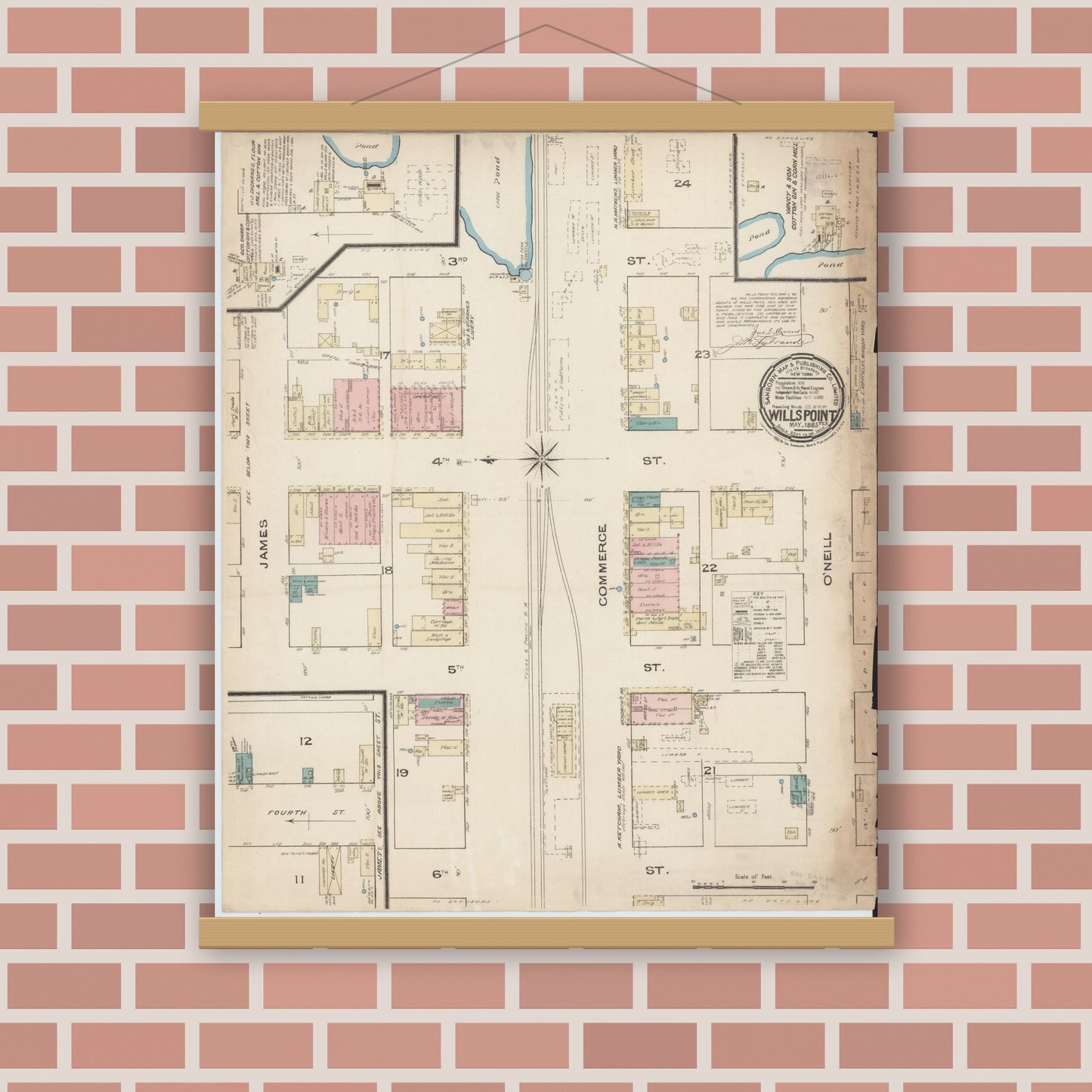 Old map wall art mockup — magnetic wood frame on brick wall — Sanborn Fire Insurance Map from Wills Point, Van Zandt County, Texas (1885), Sheet #0001