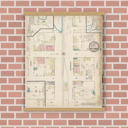 Old map wall art mockup — magnetic wood frame on brick wall — Sanborn Fire Insurance Map from Wills Point, Van Zandt County, Texas (1885), Sheet #0001