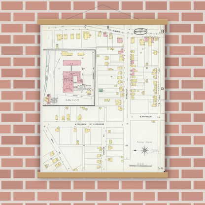 Old map wall art mockup — magnetic wood frame on brick wall — Sanborn Fire Insurance Map from Washington, Washington County, Pennsylvania (1896), Sheet #0009
