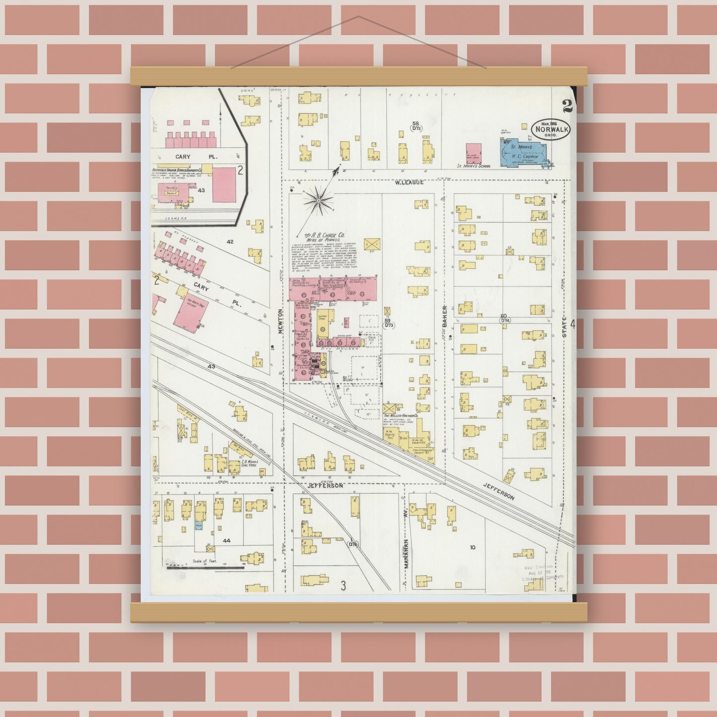 Old map wall art mockup — magnetic wood frame on brick wall — Sanborn Fire Insurance Map from Norwalk, Huron County, Ohio (1906), Sheet #0002