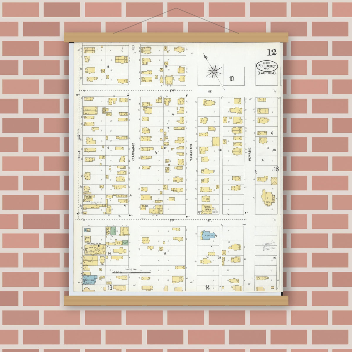 Old map wall art mockup — magnetic wood frame on brick wall — Sanborn Fire Insurance Map from Red Jacket, Houghton County, Michigan (1900), Sheet #0012