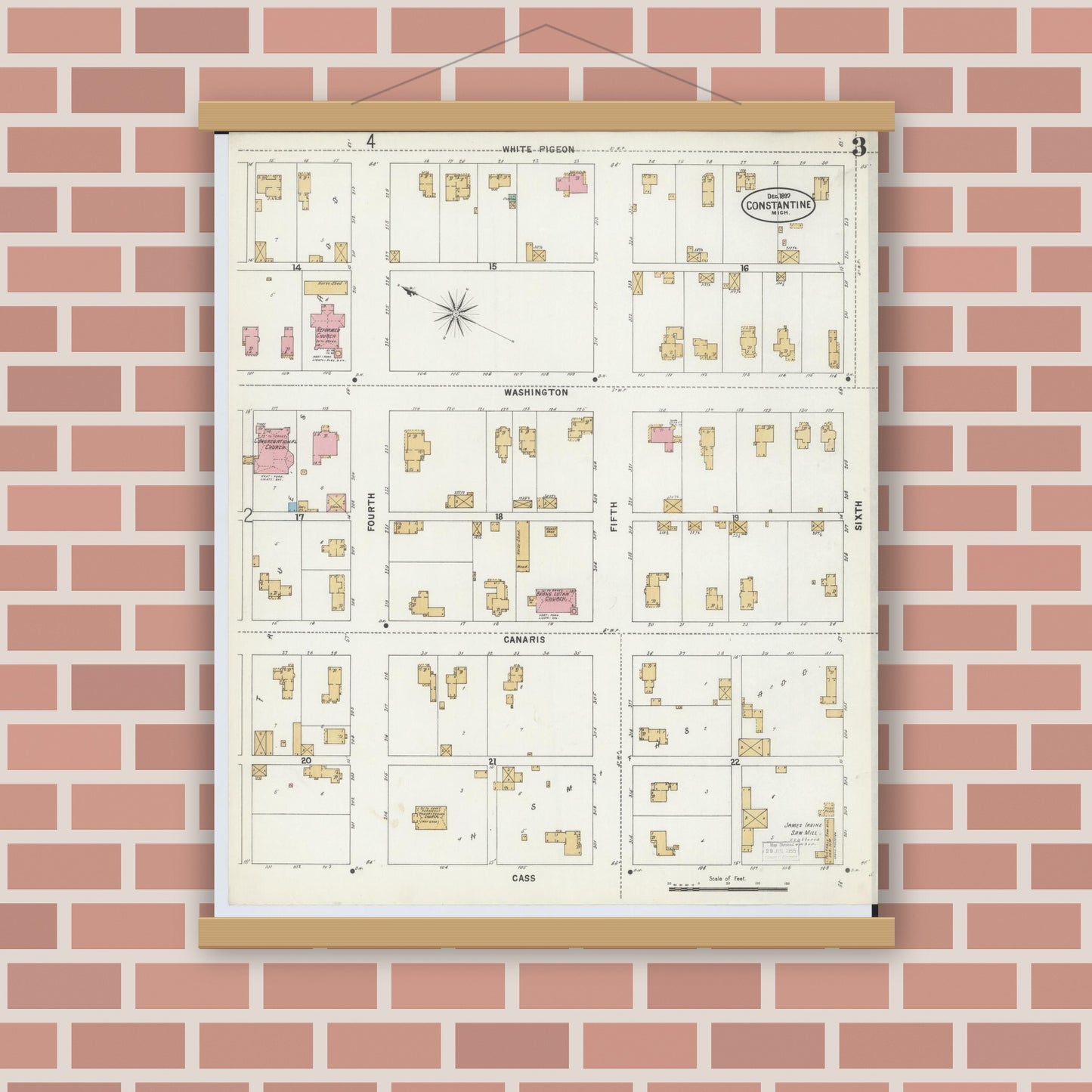 Old map wall art mockup — magnetic wood frame on brick wall — Sanborn Fire Insurance Map from Constantine, Saint Joseph County, Michigan (1897), Sheet #0003