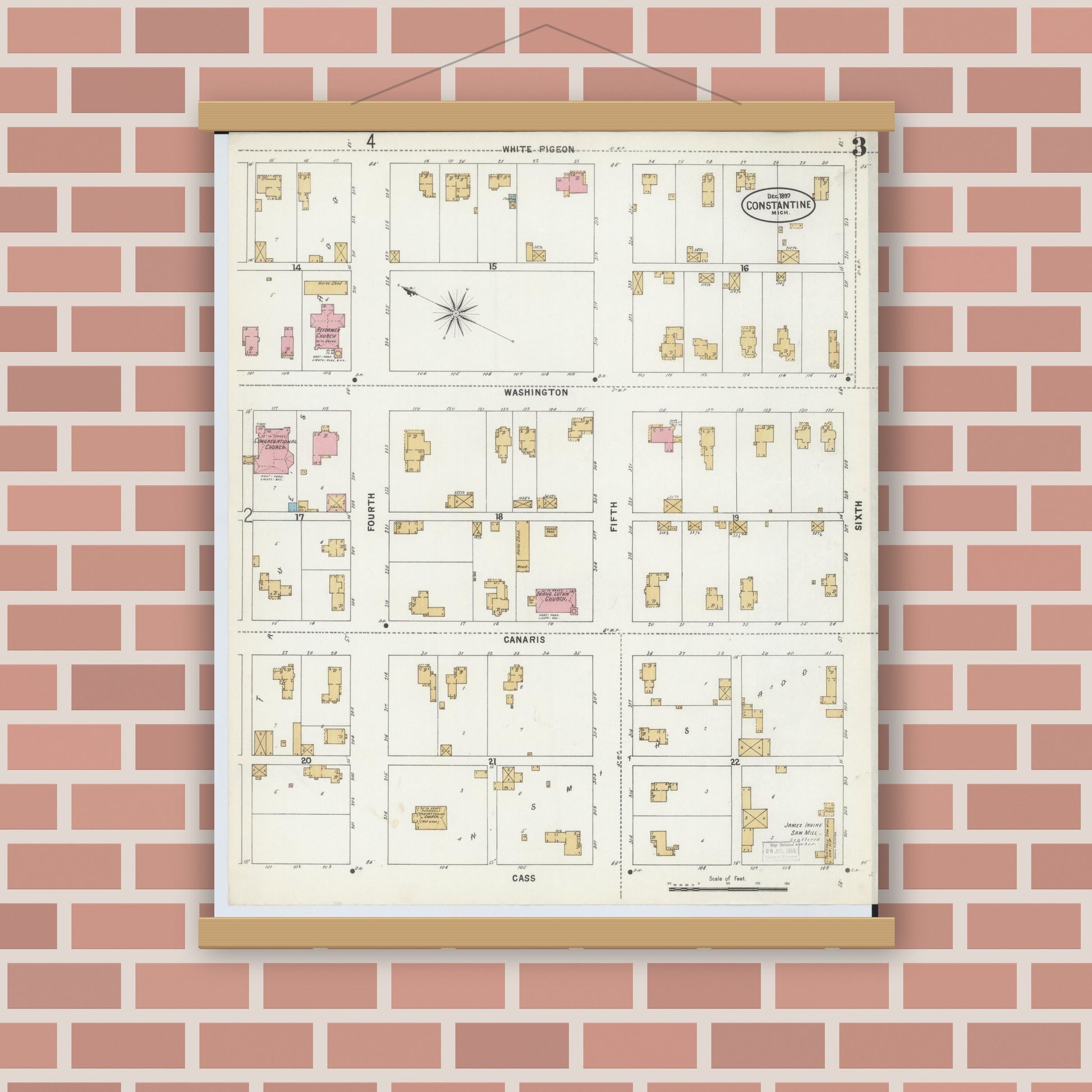 Old map wall art mockup — magnetic wood frame on brick wall — Sanborn Fire Insurance Map from Constantine, Saint Joseph County, Michigan (1897), Sheet #0003