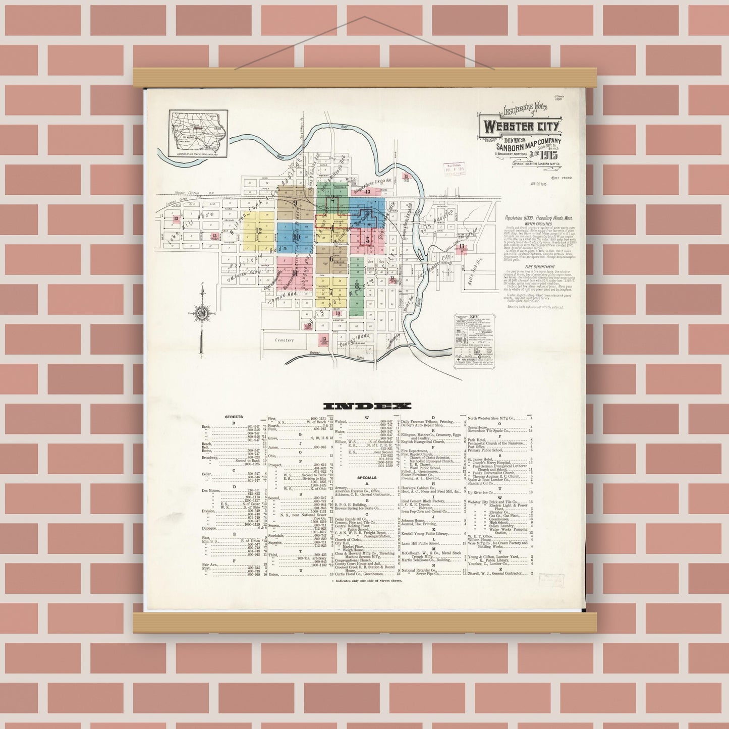 Old map wall art mockup — magnetic wood frame on brick wall — Sanborn Fire Insurance Map from Webster City, Hamilton County, Iowa (1915), Sheet #0001