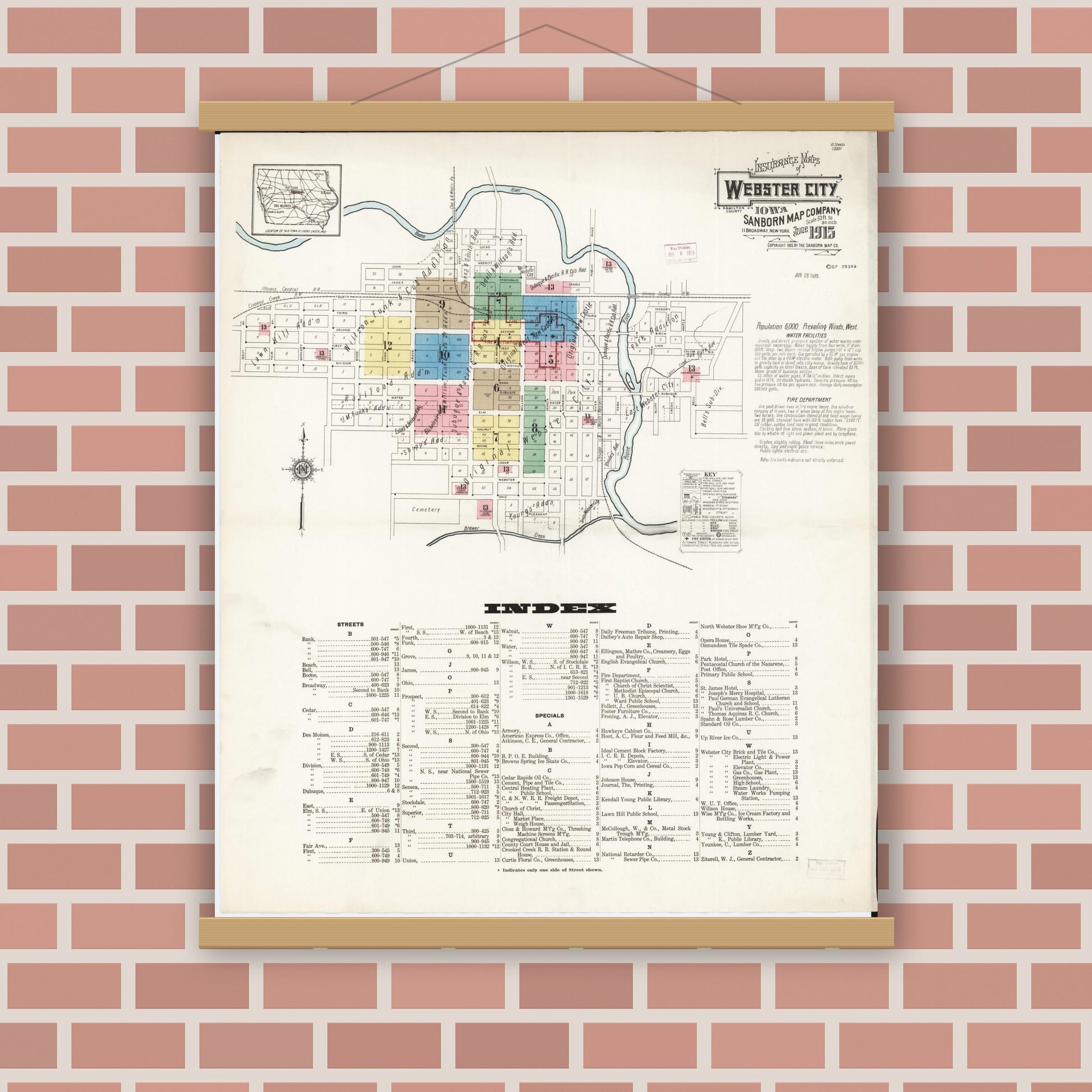Old map wall art mockup — magnetic wood frame on brick wall — Sanborn Fire Insurance Map from Webster City, Hamilton County, Iowa (1915), Sheet #0001