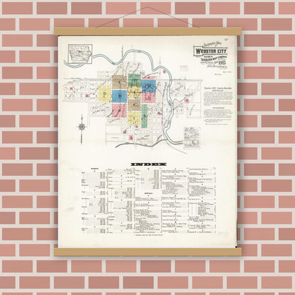 Old map wall art mockup — magnetic wood frame on brick wall — Sanborn Fire Insurance Map from Webster City, Hamilton County, Iowa (1915), Sheet #0001