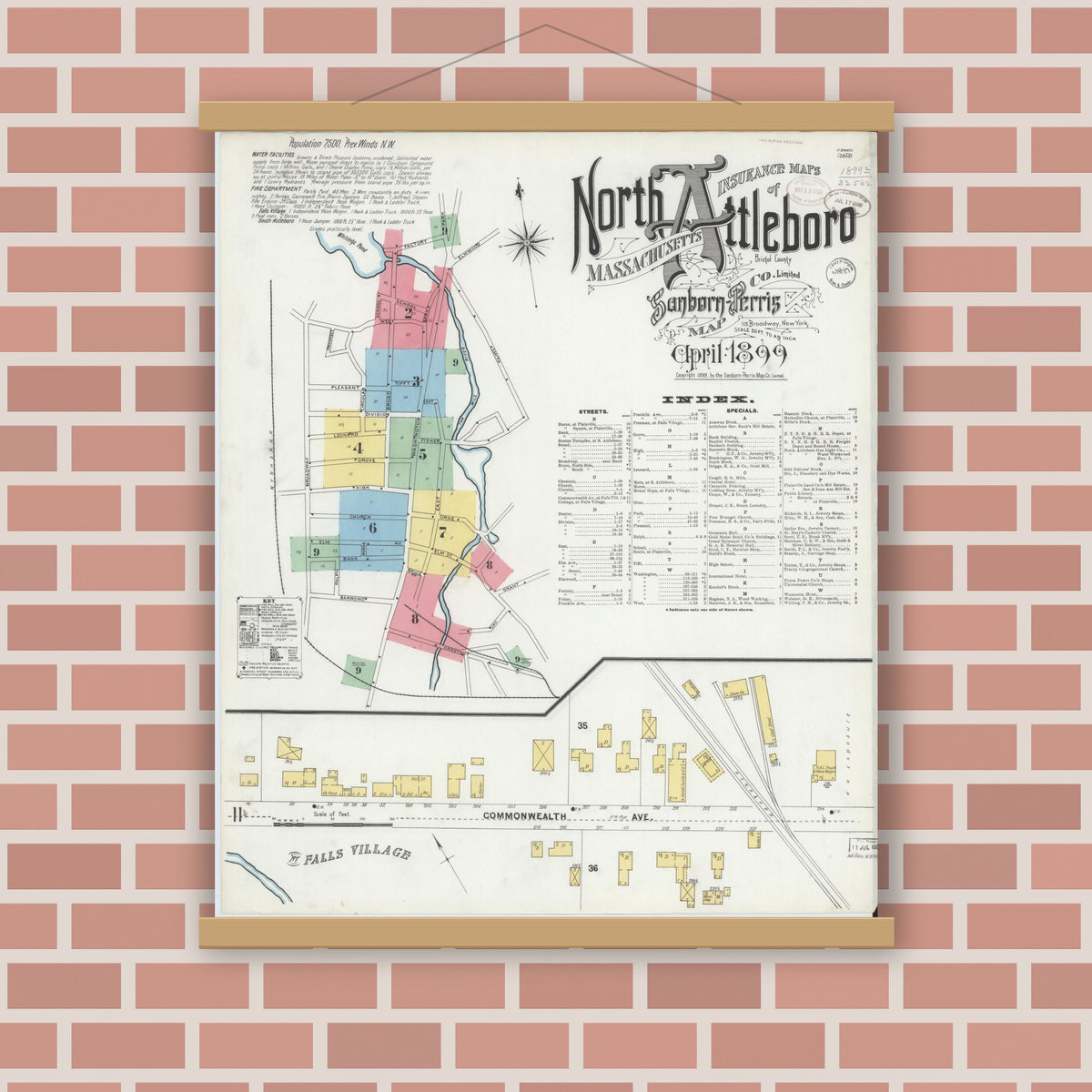 Old map wall art mockup — magnetic wood frame on brick wall — Sanborn Fire Insurance Map from North Attleborough, Bristol County, Massachusetts (1899), Sheet #0001
