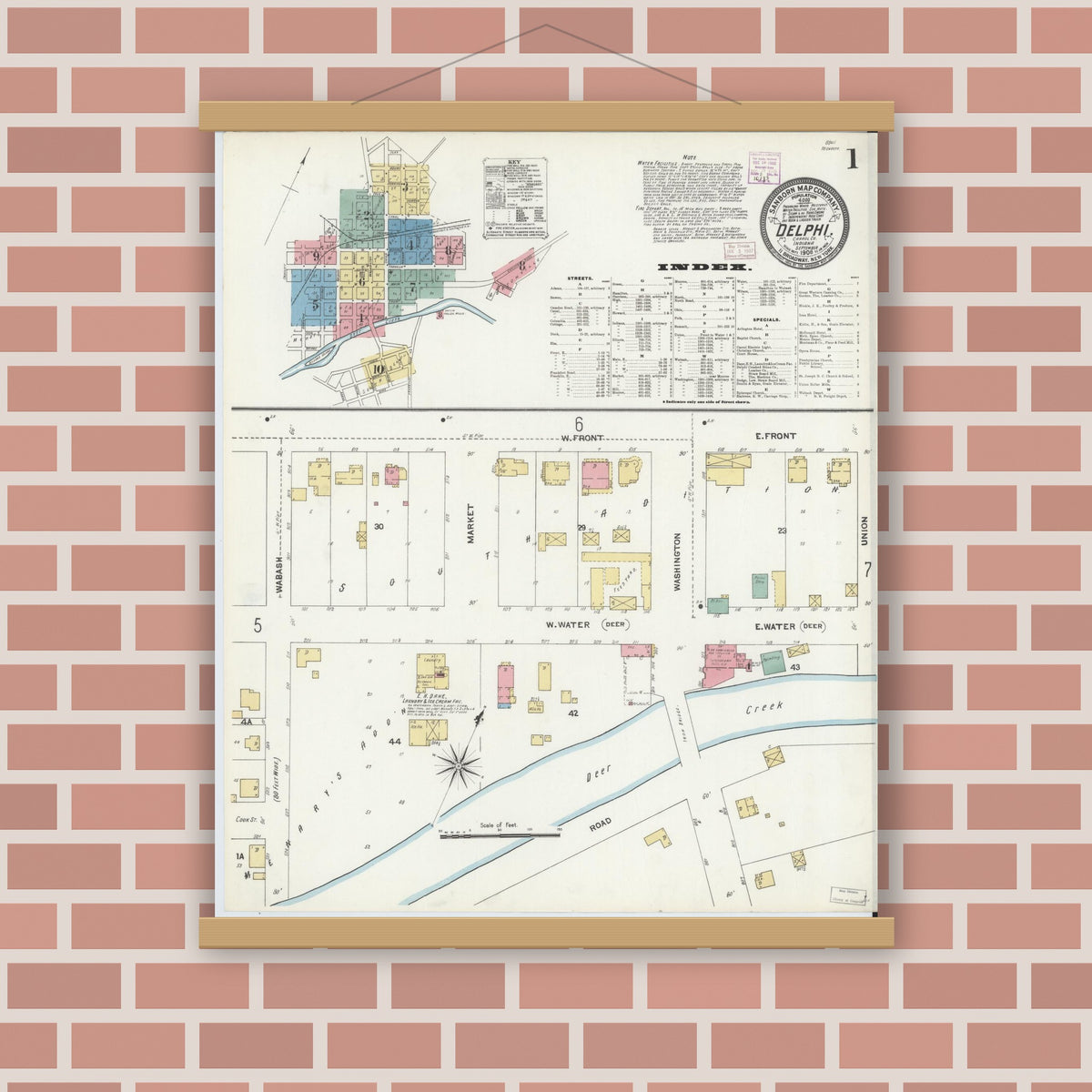 Old map wall art mockup — magnetic wood frame on brick wall — Sanborn Fire Insurance Map from Delphi, Carroll County, Indiana (1906) - Complete Map Set