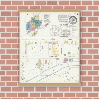 Old map wall art mockup — magnetic wood frame on brick wall — Sanborn Fire Insurance Map from Delphi, Carroll County, Indiana (1906) - Complete Map Set