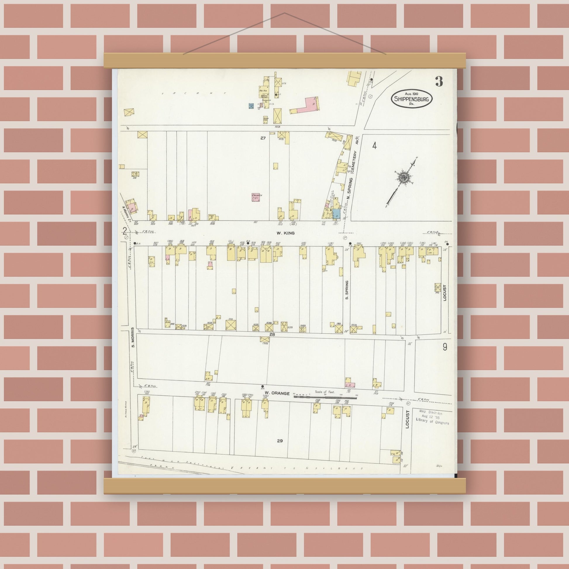 Old map wall art mockup — magnetic wood frame on brick wall — Sanborn Fire Insurance Map from Shippensburg, Cumberland And Franklin Counties, Pennsylvania (1910), Sheet #0003