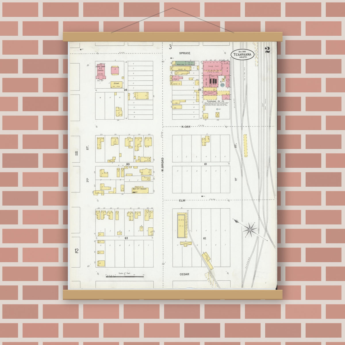 Old map wall art mockup — magnetic wood frame on brick wall — Sanborn Fire Insurance Map from Texarkana, Bowie County, Texas (1900), Sheet #0002