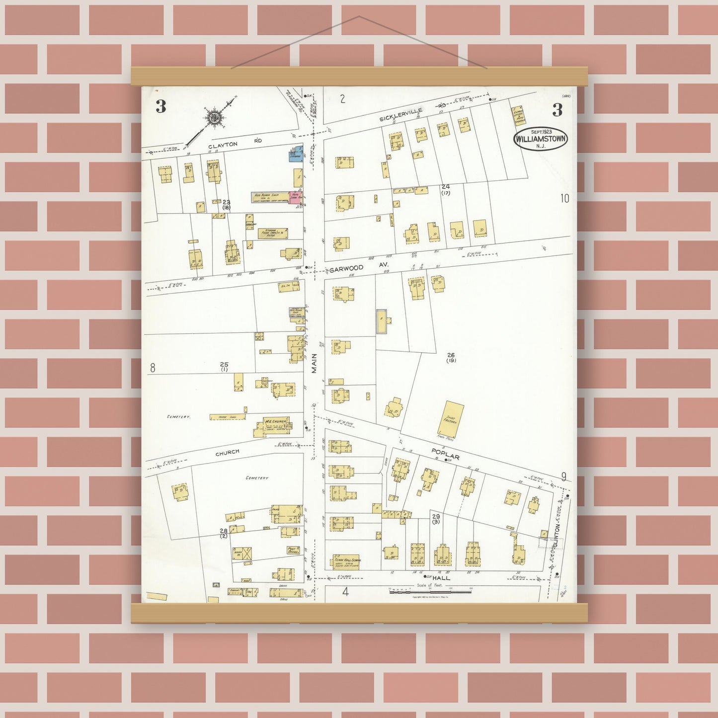 Old map wall art mockup — magnetic wood frame on brick wall — Sanborn Fire Insurance Map from Williamstown, Gloucester County, New Jersey (1923), Sheet #0003