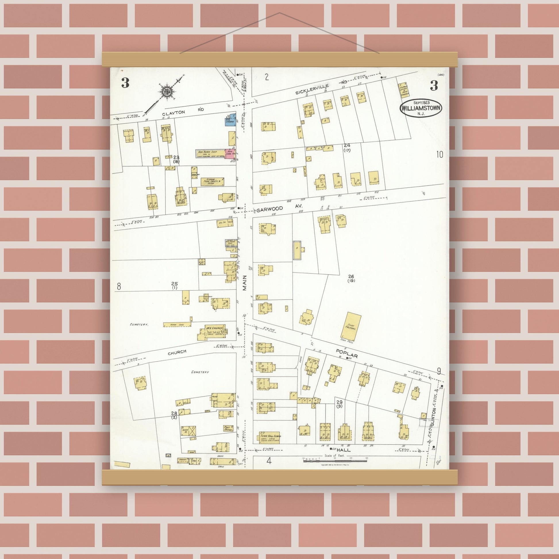 Old map wall art mockup — magnetic wood frame on brick wall — Sanborn Fire Insurance Map from Williamstown, Gloucester County, New Jersey (1923), Sheet #0003