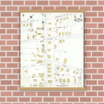 Old map wall art mockup — magnetic wood frame on brick wall — Sanborn Fire Insurance Map from Williamstown, Gloucester County, New Jersey (1923), Sheet #0003