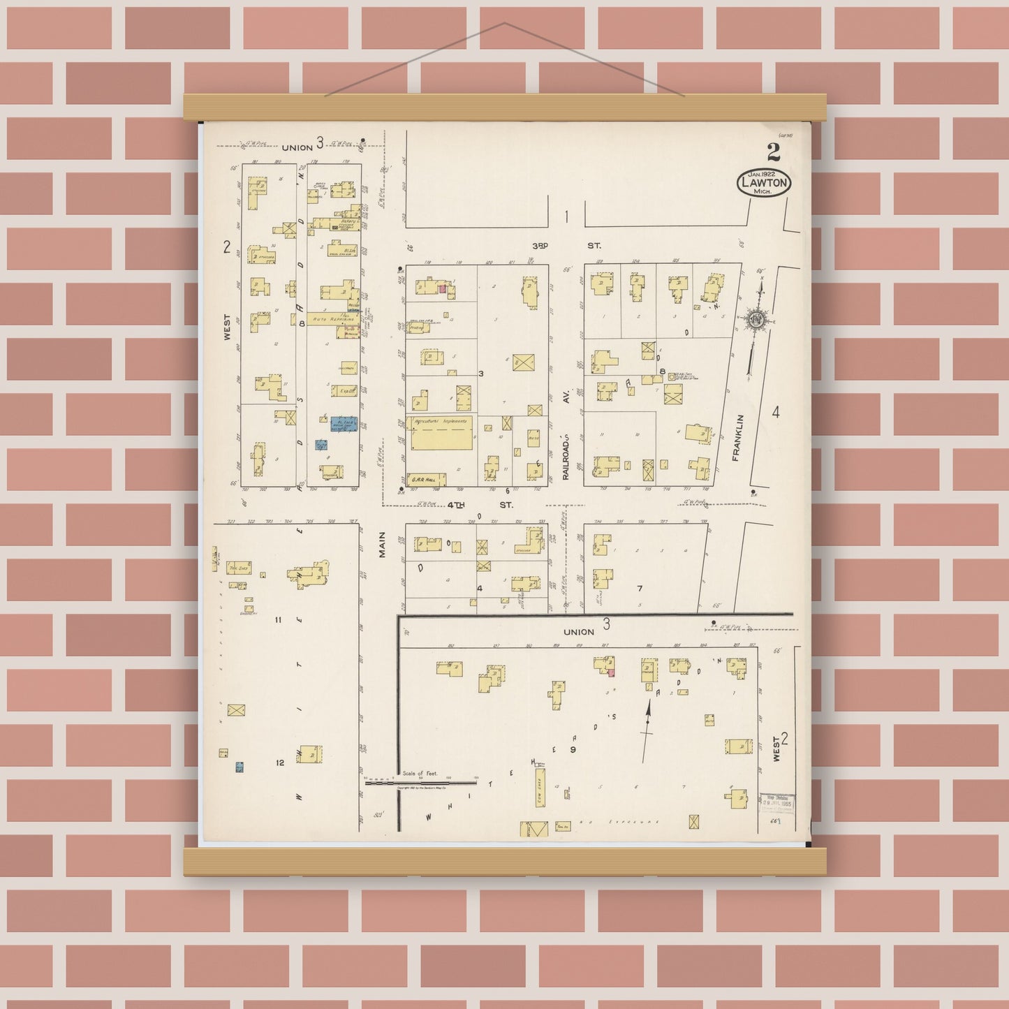 Old map wall art mockup — magnetic wood frame on brick wall — Sanborn Fire Insurance Map from Lawton, Van Buren County, Michigan (1922), Sheet #0002