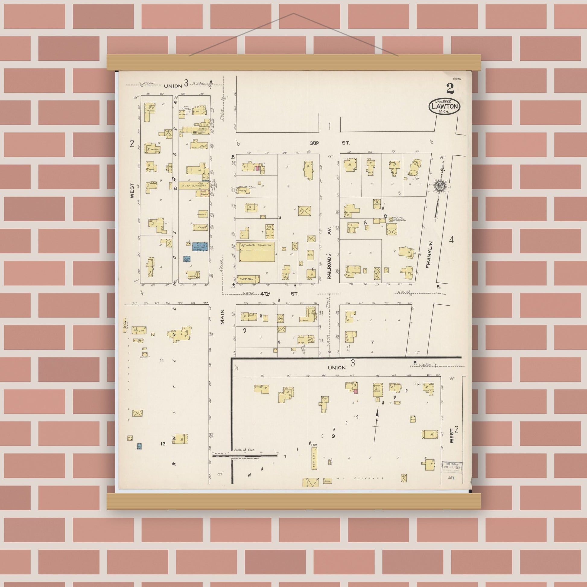 Old map wall art mockup — magnetic wood frame on brick wall — Sanborn Fire Insurance Map from Lawton, Van Buren County, Michigan (1922), Sheet #0002