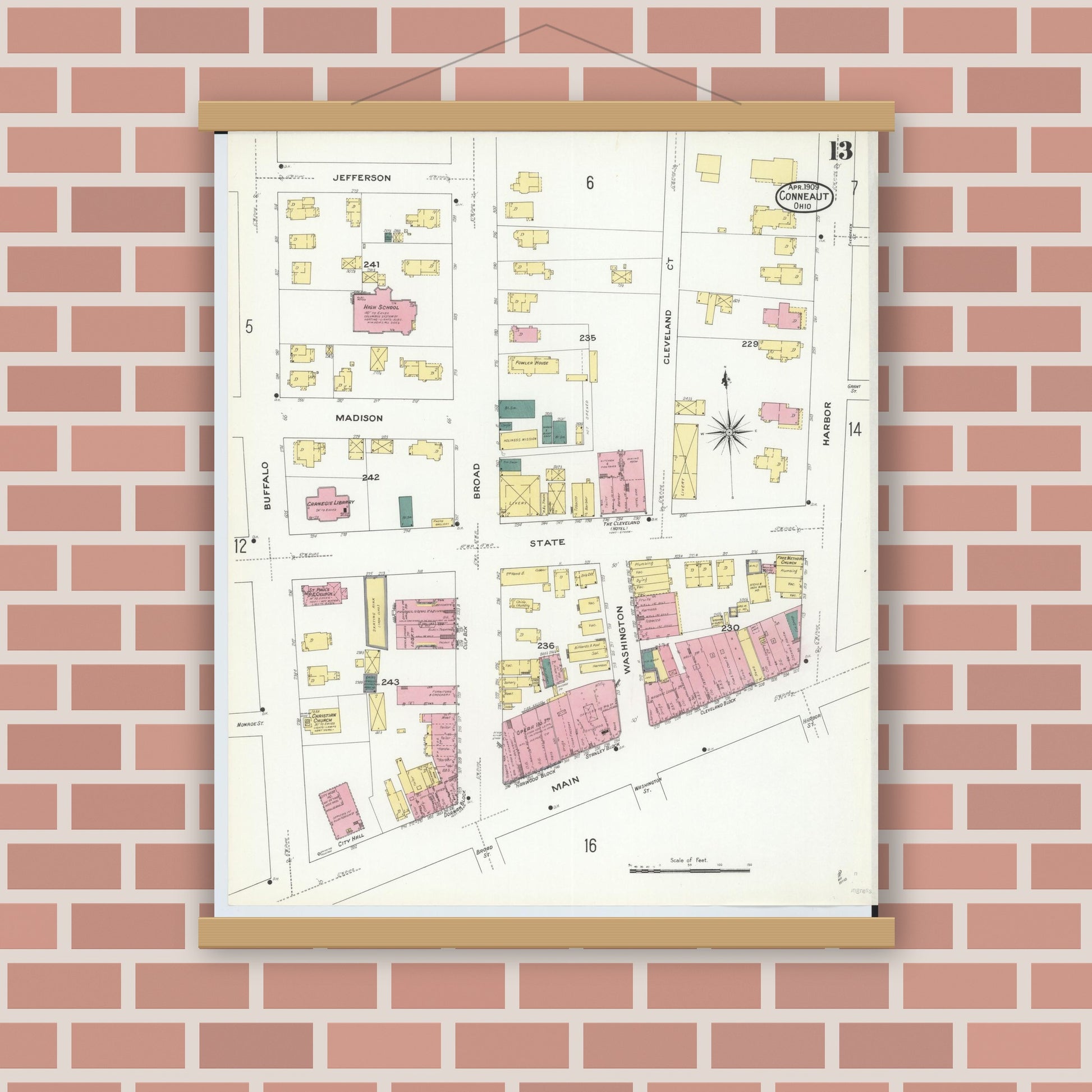 Old map wall art mockup — magnetic wood frame on brick wall — Sanborn Fire Insurance Map from Conneaut, Ashtabula County, Ohio (1909), Sheet #0013