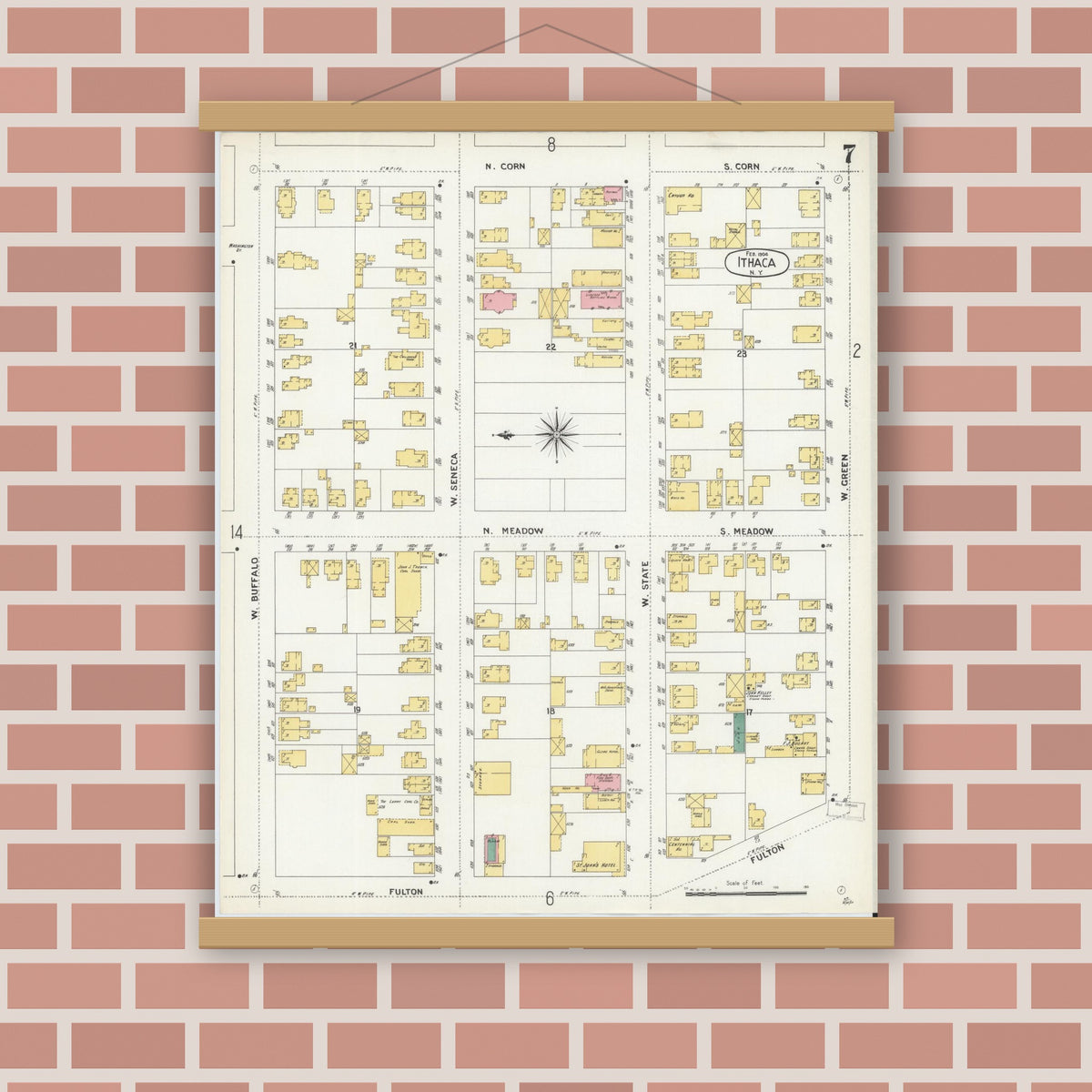 Old map wall art mockup — magnetic wood frame on brick wall — Sanborn Fire Insurance Map from Ithaca, Tompkins County, New York (1904), Sheet #0007