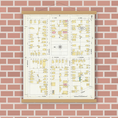 Old map wall art mockup — magnetic wood frame on brick wall — Sanborn Fire Insurance Map from Ithaca, Tompkins County, New York (1904), Sheet #0007