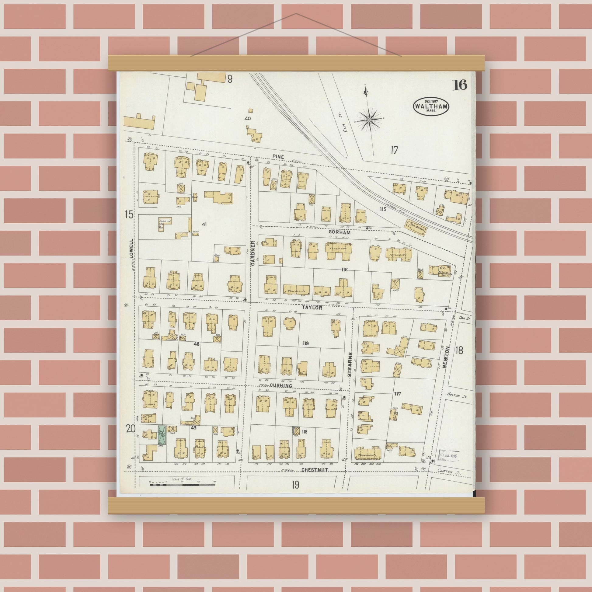 Old map wall art mockup — magnetic wood frame on brick wall — Sanborn Fire Insurance Map from Waltham, Middlesex County, Massachusetts (1897), Sheet #0016