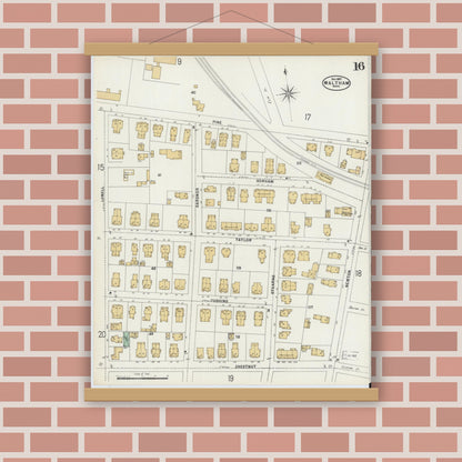 Old map wall art mockup — magnetic wood frame on brick wall — Sanborn Fire Insurance Map from Waltham, Middlesex County, Massachusetts (1897), Sheet #0016