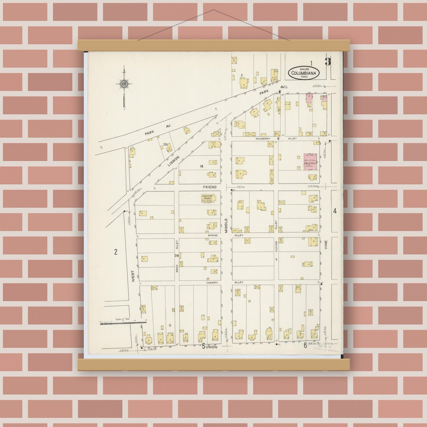 Old map wall art mockup — magnetic wood frame on brick wall — Sanborn Fire Insurance Map from Columbiana, Columbiana County, Ohio (1915), Sheet #0003