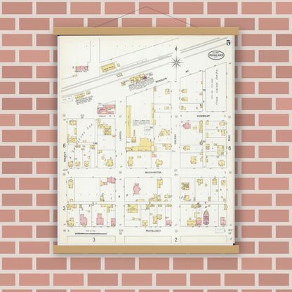 Old map wall art mockup — magnetic wood frame on brick wall — Sanborn Fire Insurance Map from Highland, Madison County, Illinois (1899), Sheet #0005