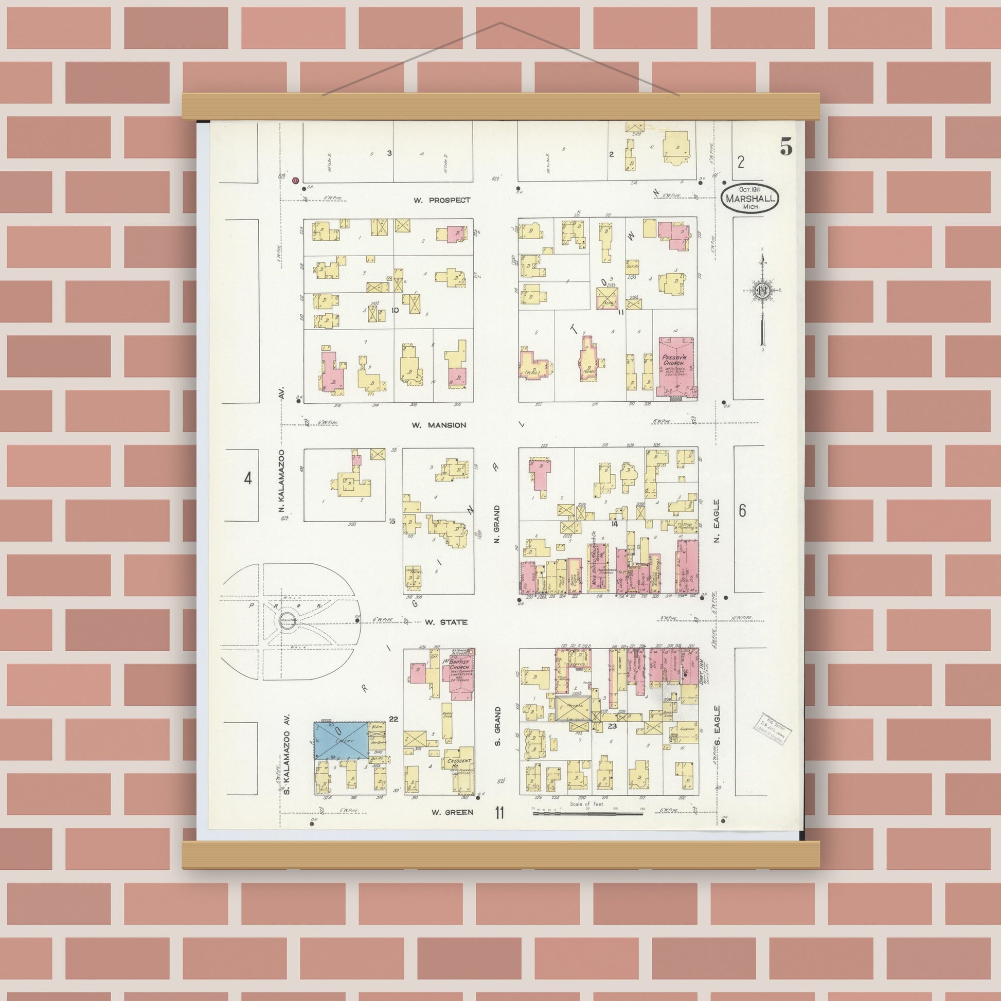 Old map wall art mockup — magnetic wood frame on brick wall — Sanborn Fire Insurance Map from Marshall, Calhoun County, Michigan (1911), Sheet #0005