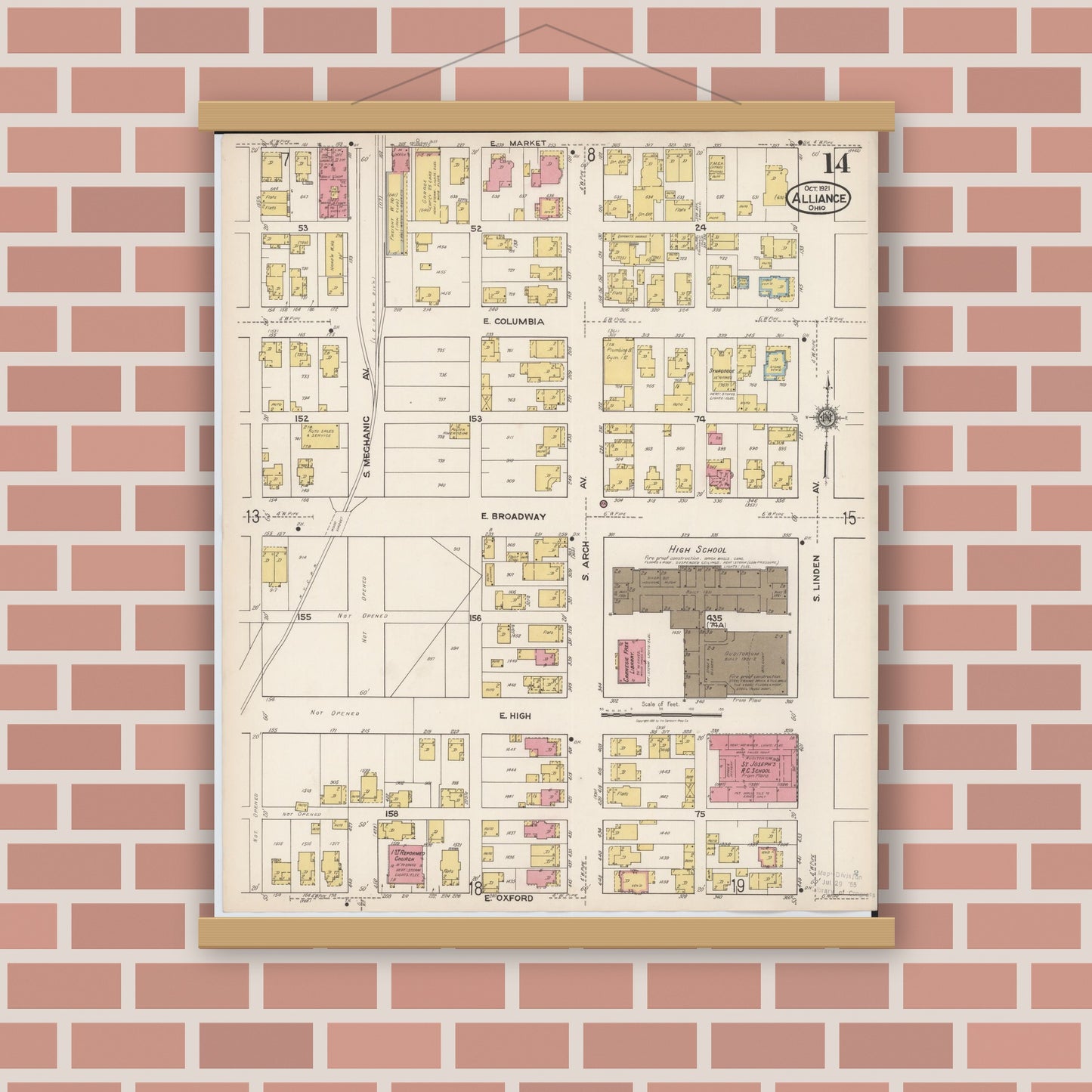 Old map wall art mockup — magnetic wood frame on brick wall — Sanborn Fire Insurance Map from Alliance, Stark County, Ohio (1921), Sheet #0014