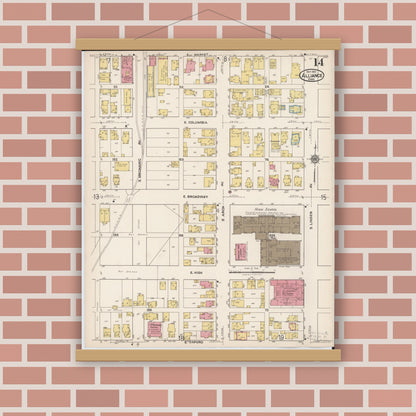 Old map wall art mockup — magnetic wood frame on brick wall — Sanborn Fire Insurance Map from Alliance, Stark County, Ohio (1921), Sheet #0014