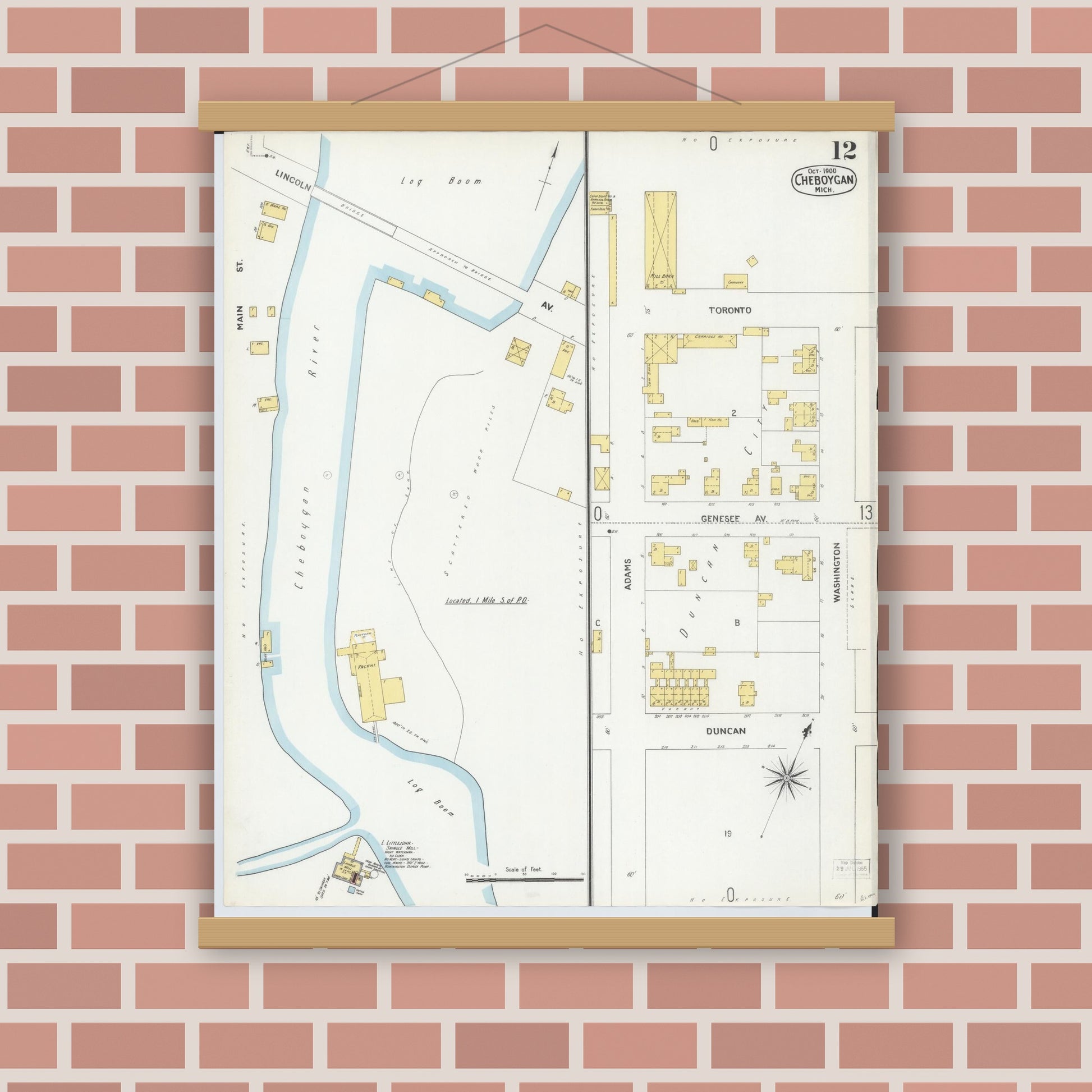 Old map wall art mockup — magnetic wood frame on brick wall — Sanborn Fire Insurance Map from Cheboygan, Cheboygan County, Michigan (1900), Sheet #0012