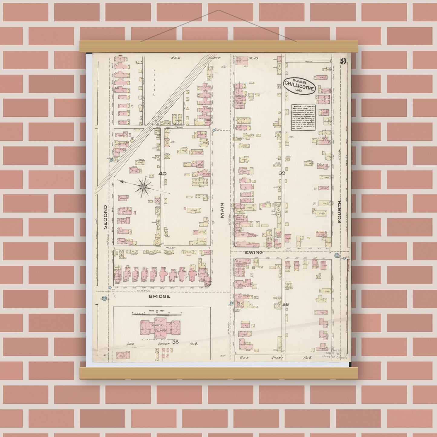 Old map wall art mockup — magnetic wood frame on brick wall — Sanborn Fire Insurance Map from Chillicothe, Ross County, Ohio (1884), Sheet #0009
