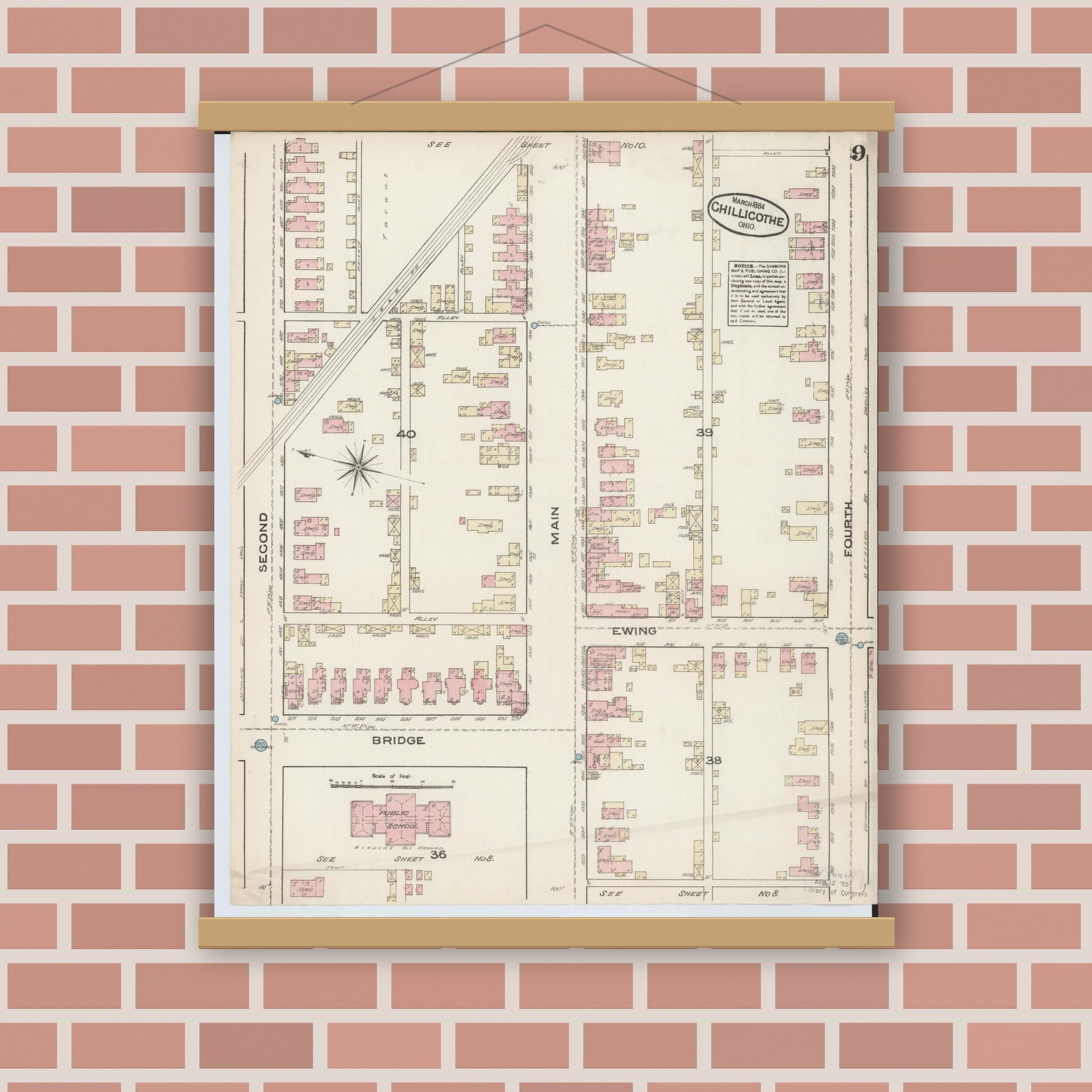 Old map wall art mockup — magnetic wood frame on brick wall — Sanborn Fire Insurance Map from Chillicothe, Ross County, Ohio (1884), Sheet #0009