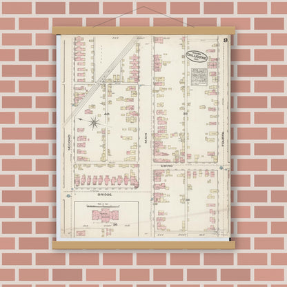 Old map wall art mockup — magnetic wood frame on brick wall — Sanborn Fire Insurance Map from Chillicothe, Ross County, Ohio (1884), Sheet #0009