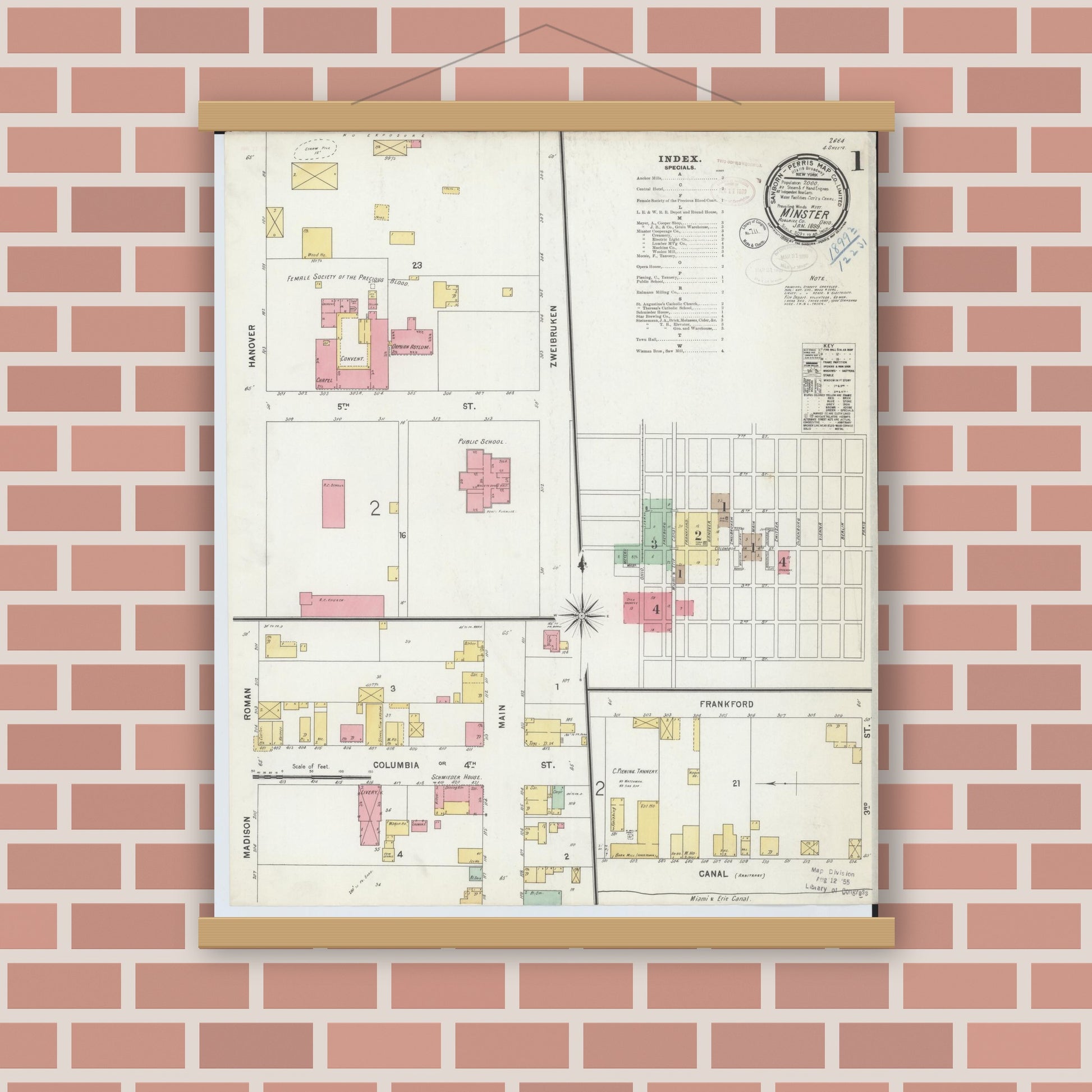 Old map wall art mockup — magnetic wood frame on brick wall — Sanborn Fire Insurance Map from Minster, Auglaize County, Ohio (1899), Sheet #0001