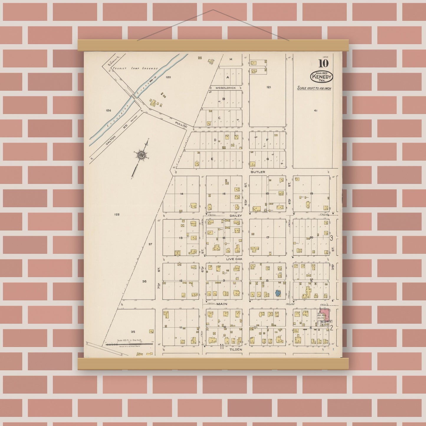 Old map wall art mockup — magnetic wood frame on brick wall — Sanborn Fire Insurance Map from Kenedy, Karnes County, Texas (1922), Sheet #0010